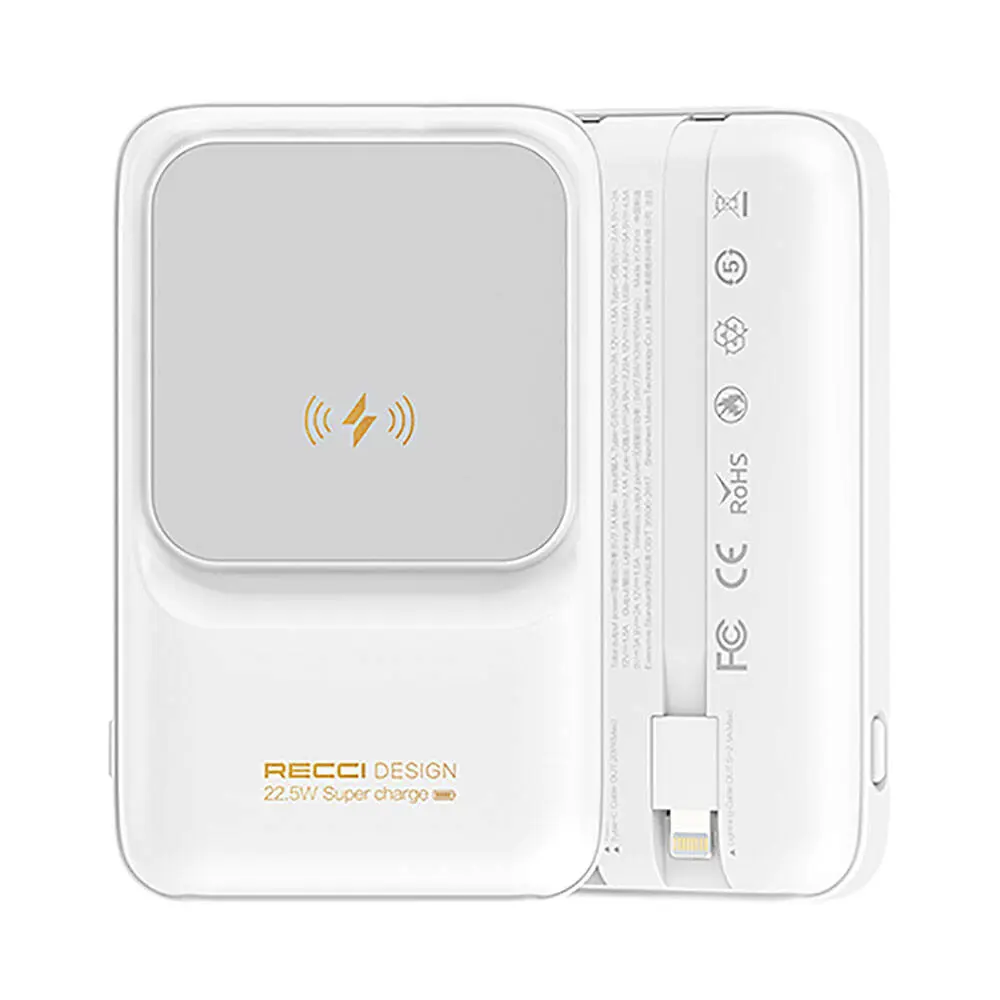 Recci RPB-W10 Polaris 10000mAh Kablosuz Powerbank, 22.5W ve Çift Kablo