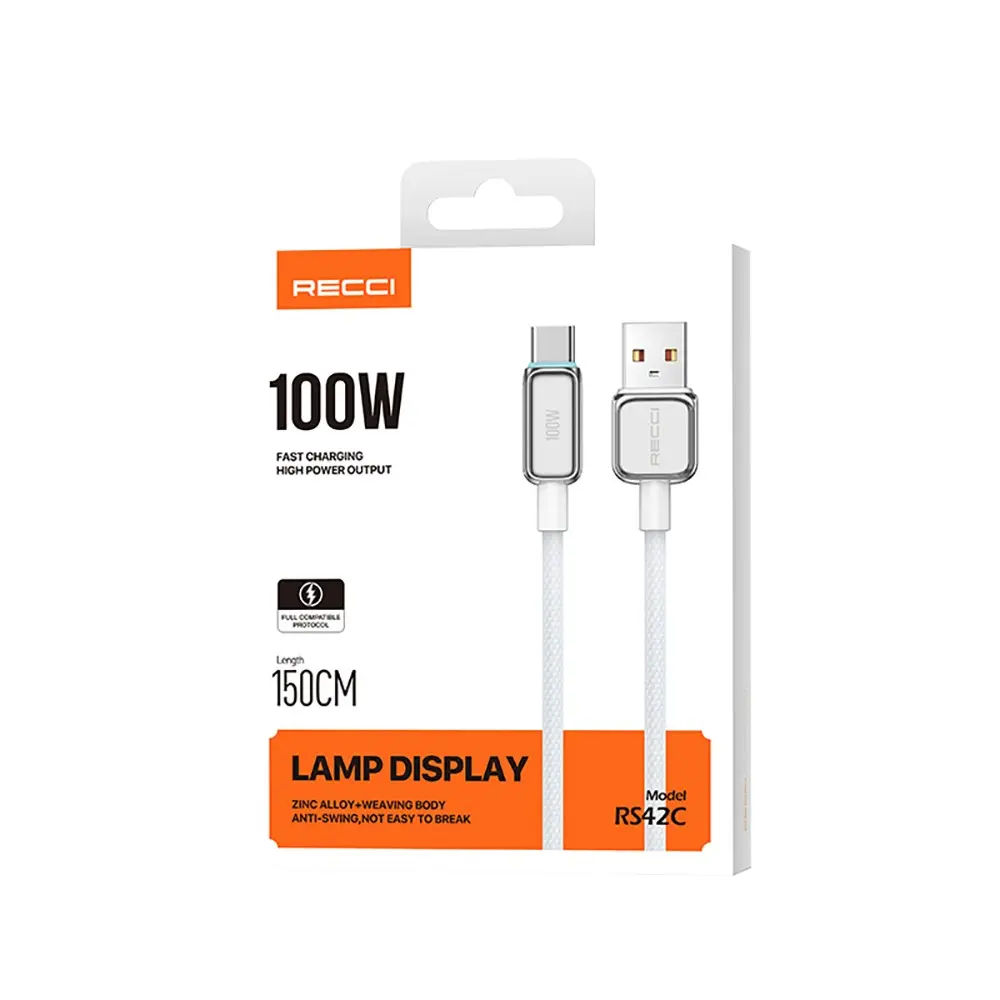 Recci RS42C USB-A to Type-C 100W Şarj ve Data Kablosu, 1.5 m