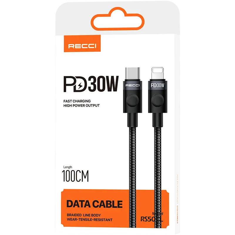 Recci RS50CL Type-C to Lightning 30W PD Örgü Şarj ve Data Kablosu, 1 Metre