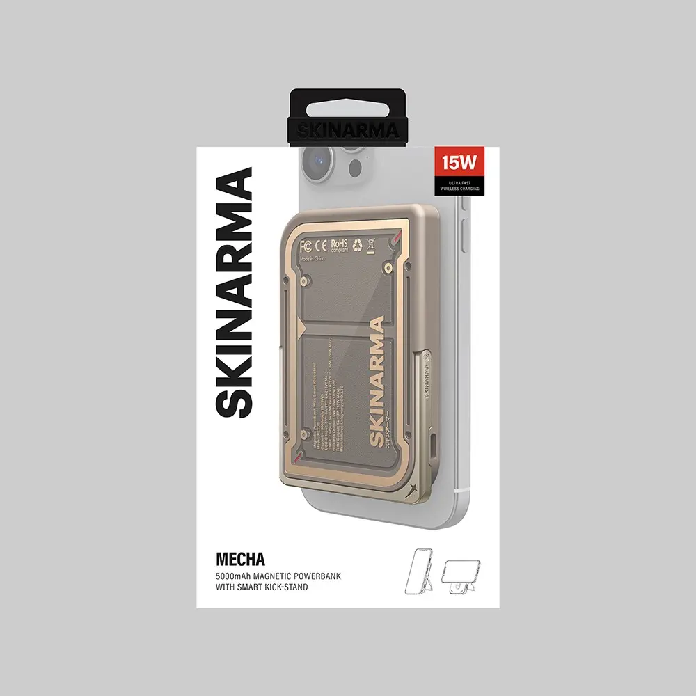 Skinarma Nexus Mecha 5000mAh Kablosuz Şarjlı Powerbank, 20W PD ve Metal Standlı