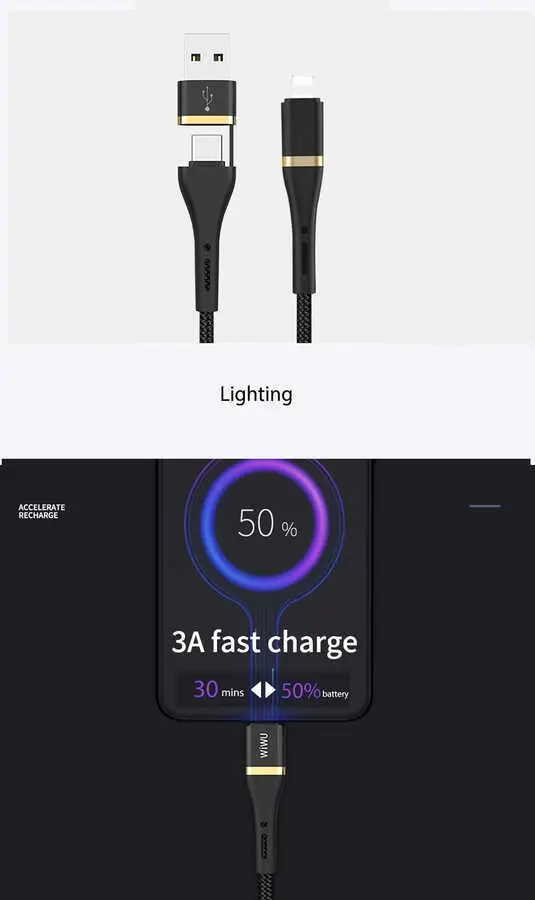 Wiwu ED-105 2'si 1 Arada USB-A ve Type-C to Lightning Şarj Data Kablosu