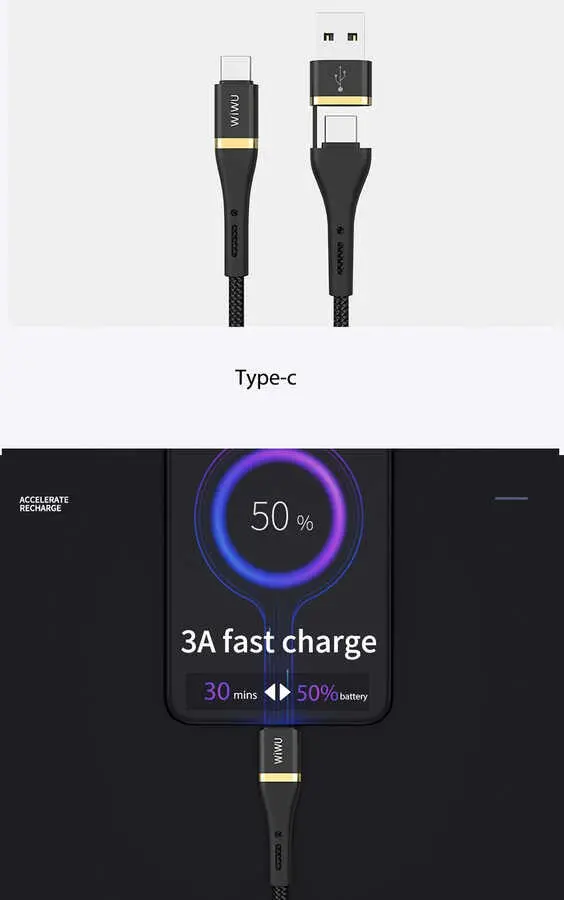 Wiwu ED-106 2'si 1 Arada USB-A ve Type-C Girişli Type-C Şarj ve Data Kablosu