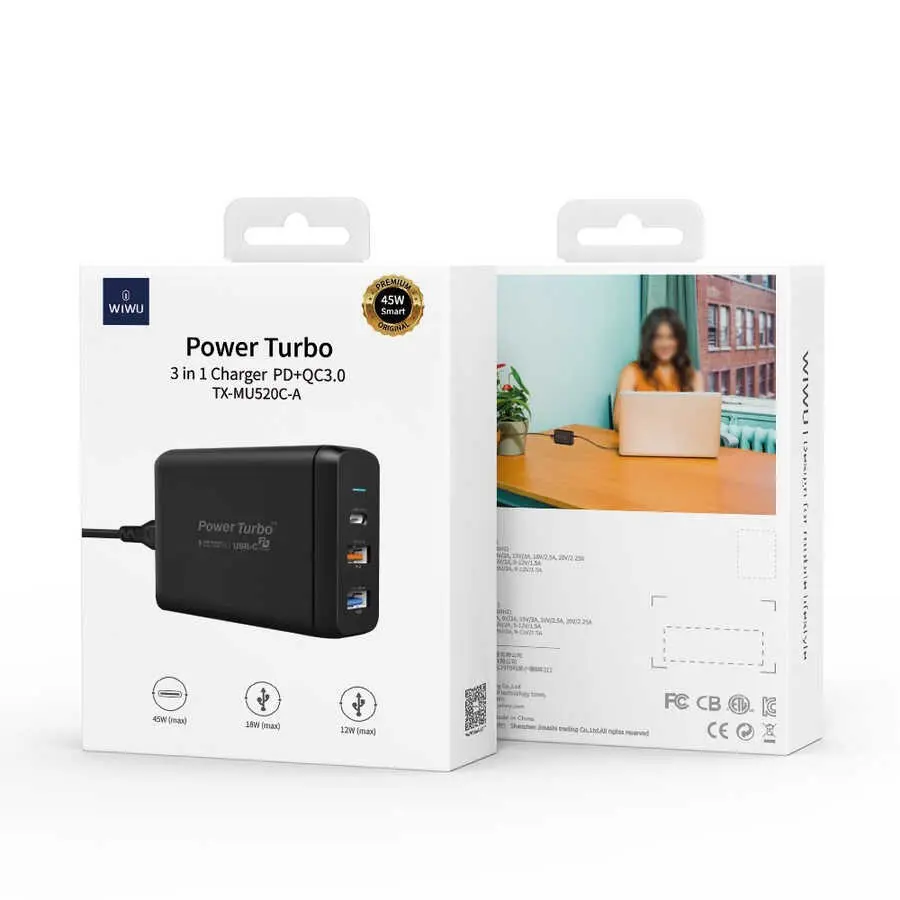 Wiwu PD Power Turbo TX-MU520C-A Şarj Adaptörü, 45 W PD ve QC 3.0