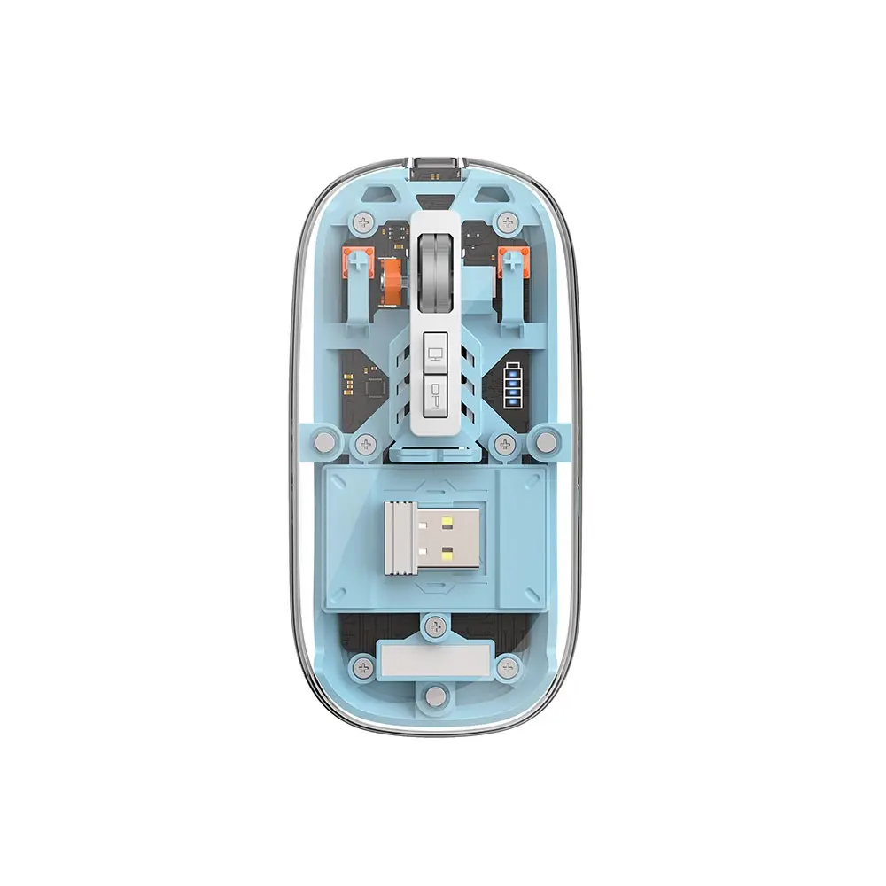 Wiwu WM105 Kablosuz Mouse, Bluetooth 5.0 ve 2.4 GHz, RGB Işıklı Şeffaf Tasarım