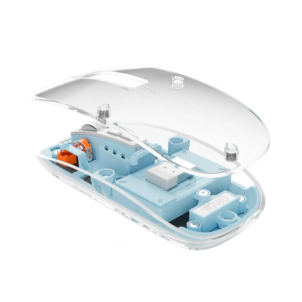 Wiwu WM105 Kablosuz Mouse, Bluetooth 5.0 ve 2.4 GHz, RGB Işıklı Şeffaf Tasarım