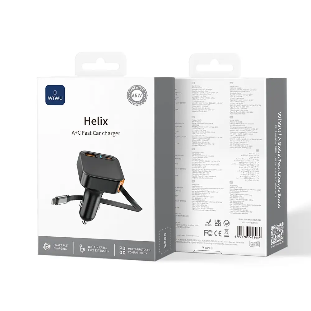 Wiwu Wi-CC033 65W Type-C + USB-A Araç Şarj Aleti, Dahili Kablolu