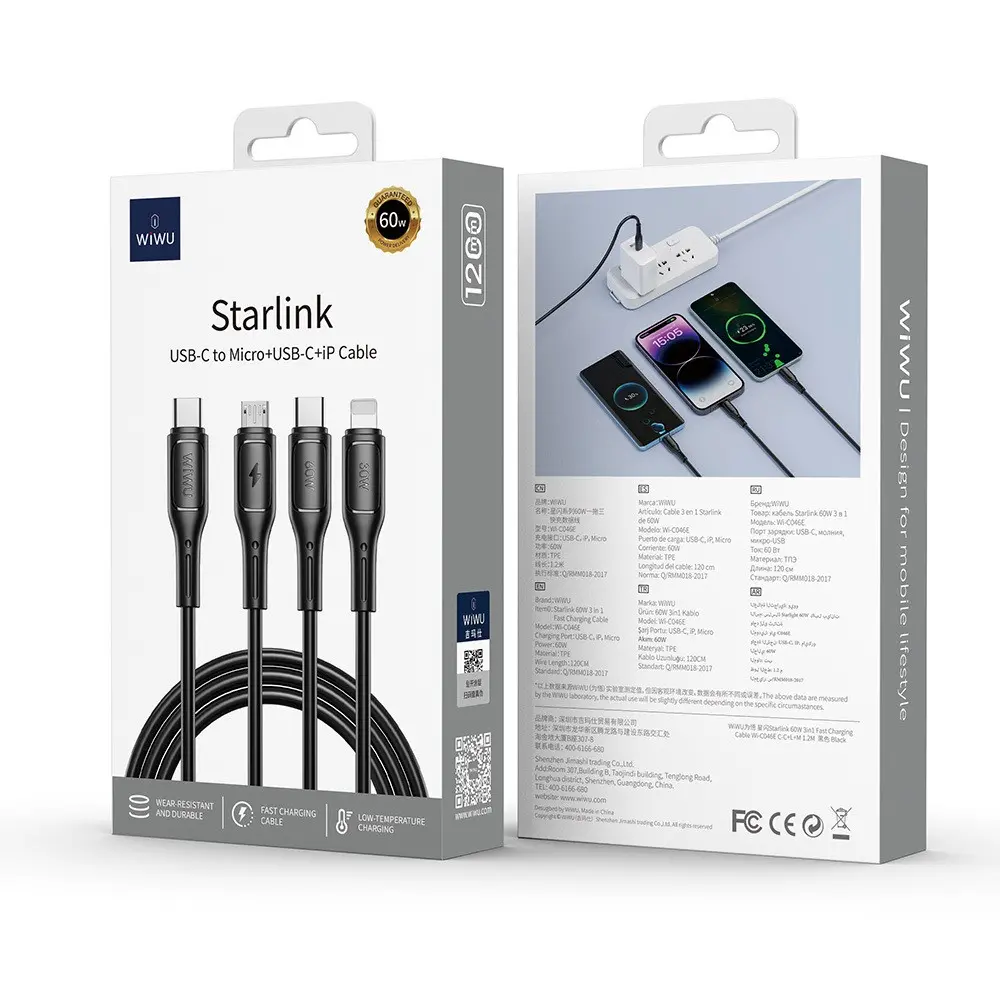 Wiwu Wi-C046E Starlink 3'ü 1 Arada USB-C Şarj ve Data Kablosu, 60W 1.2 m