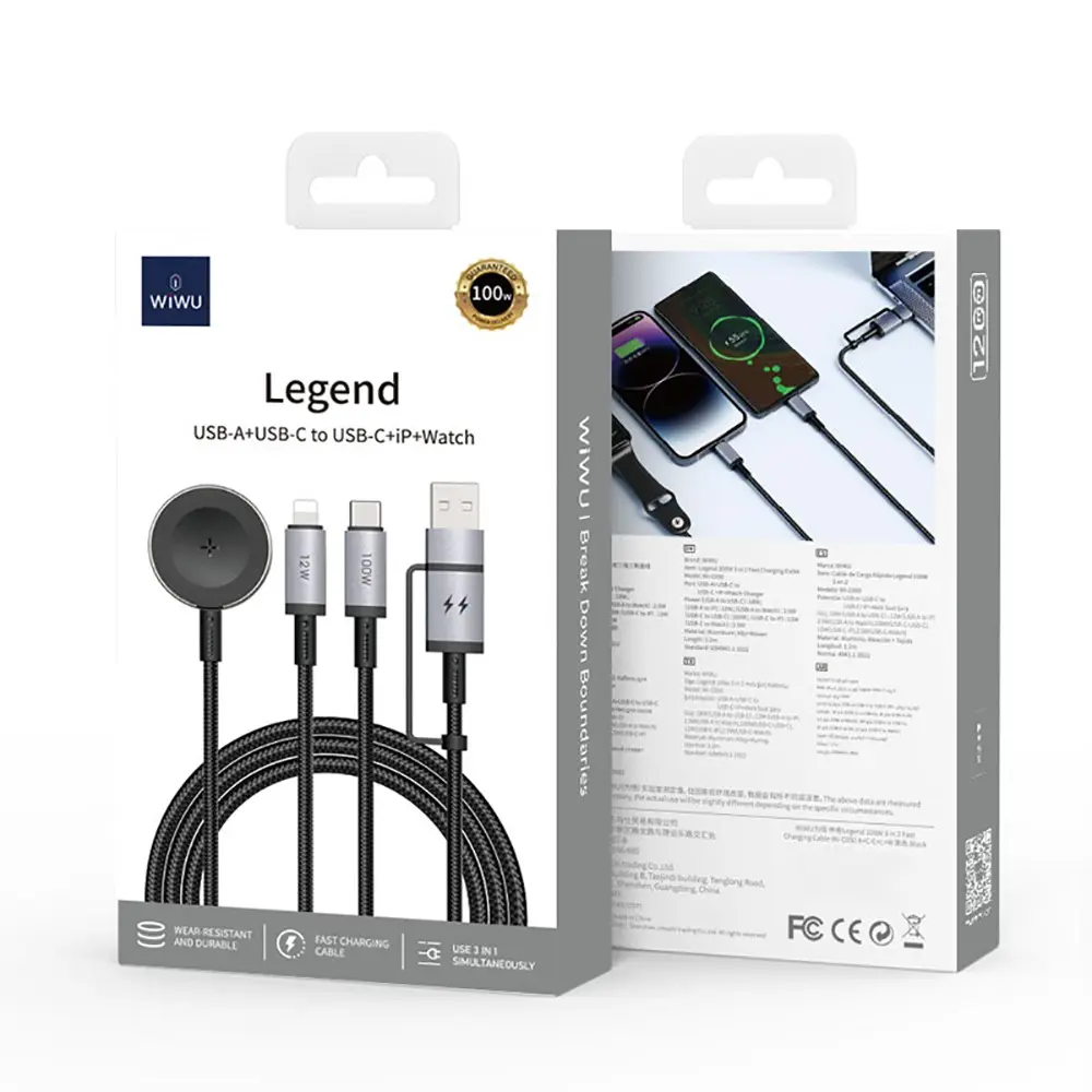 Wiwu Wi-C050 Legend 3'ü 1 Arada 100W Şarj Kablosu, 1.2 m