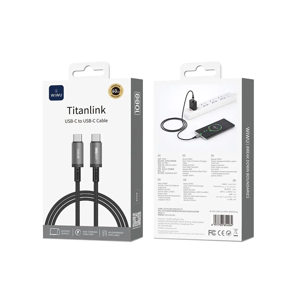 Wiwu Wi-C057 Titanlink Type-C to Type-C 60W PD Şarj ve Data Kablosu 1 m
