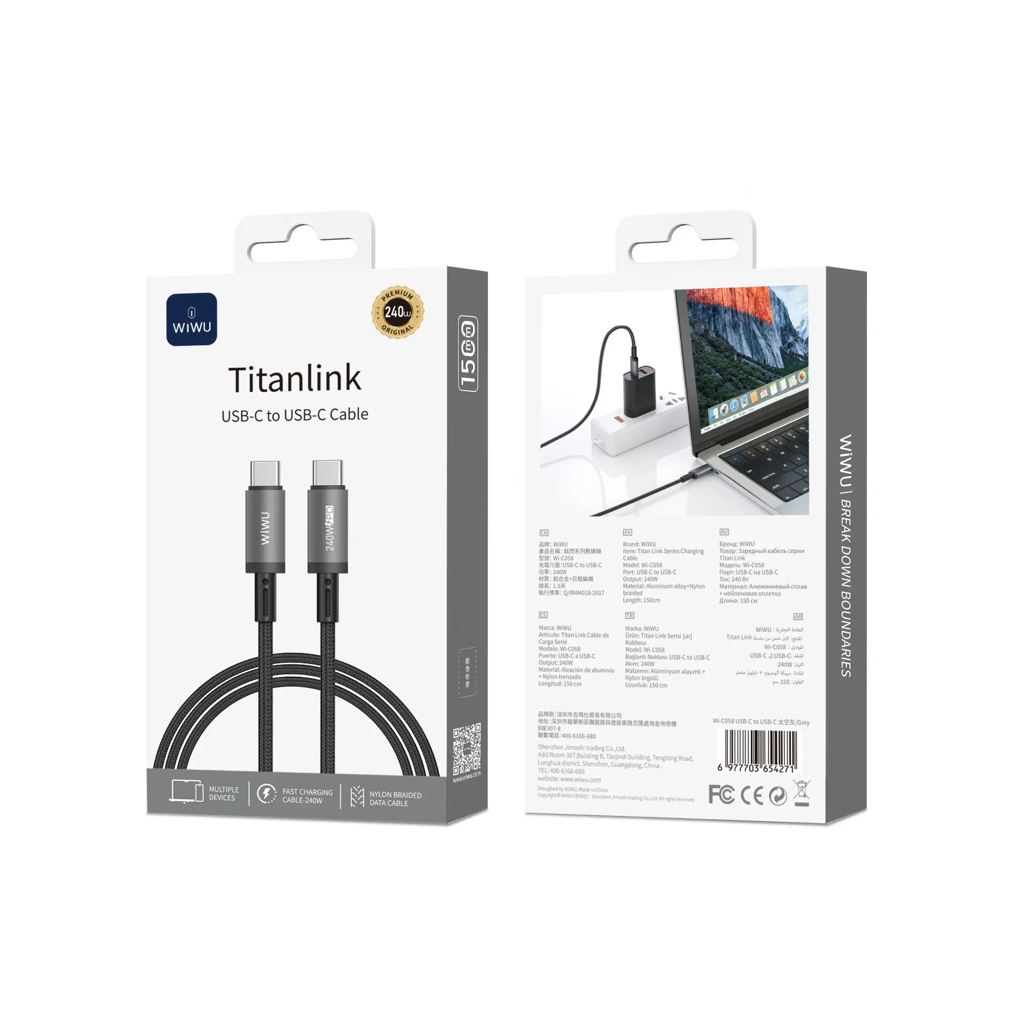 Wiwu Wi-C058 Titanlink Type-C to Type-C Şarj ve Data Kablosu, 240W 1.5 m