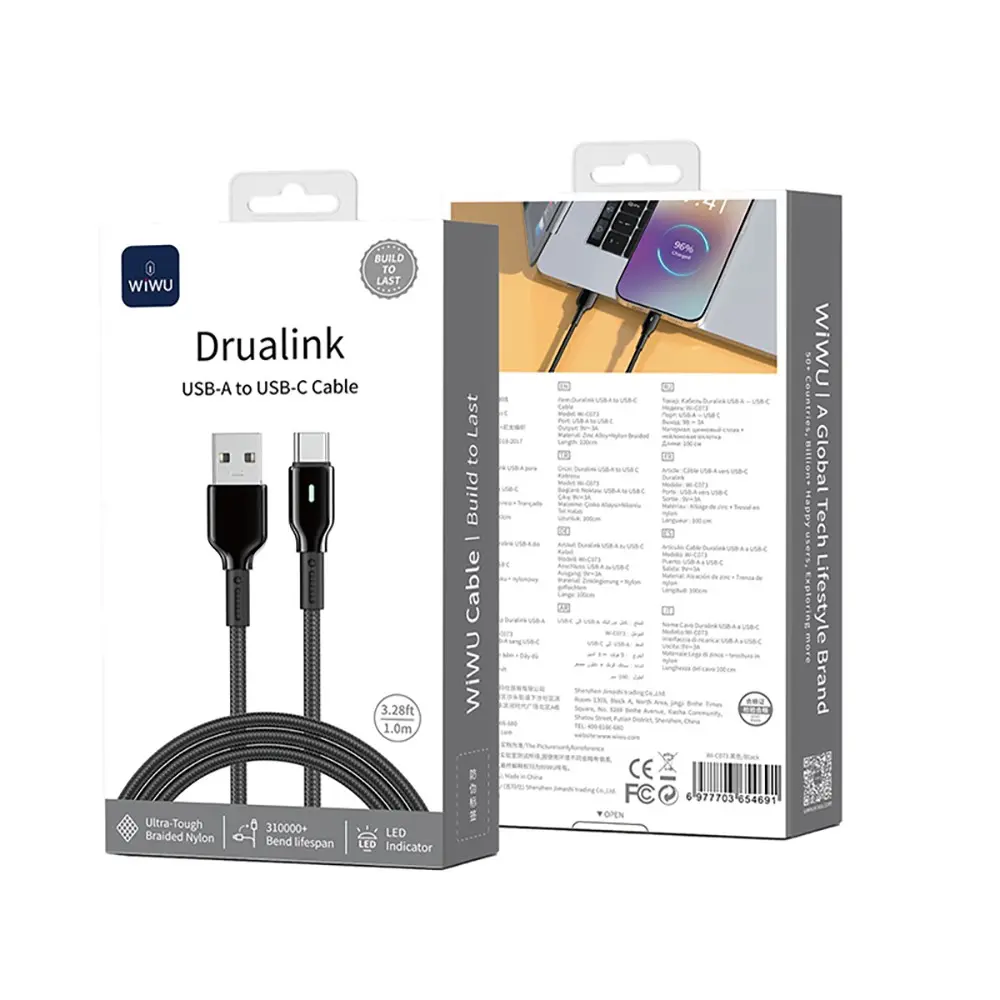 Wiwu Wi-C073 Drualink USB-A to Type-C Şarj ve Data Kablosu, 3A 1 m