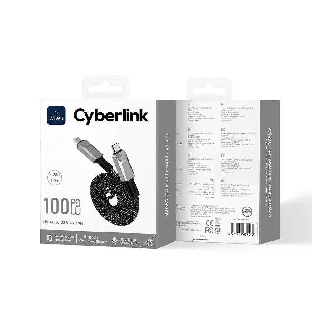 Wiwu Wi-C078 Cyberlink Type-C to Type-C 100W PD Şarj ve Data Kablosu, 1 m