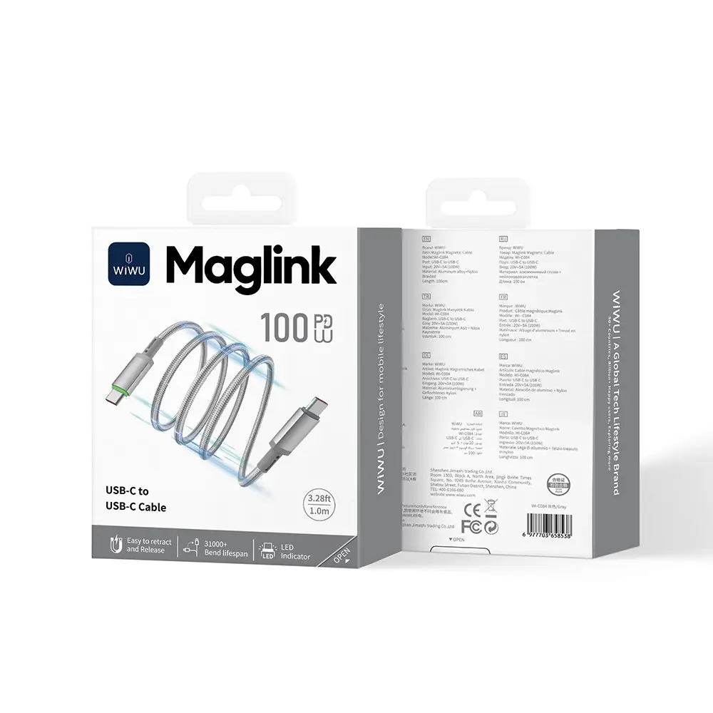 Wiwu Wi-C084 Maglink USB-C to USB-C Şarj ve Data Kablosu, 100W PD, 1M
