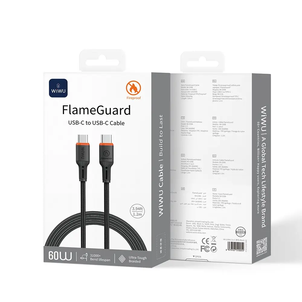 Wiwu Wi-C098 FlameGuard Type-C to Type-C Şarj ve Data Kablosu 60W 1.2 m