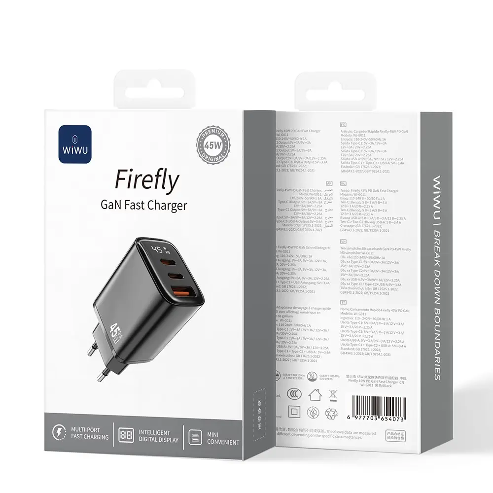 Wiwu Wi-G011 Firefly GaN 45W PD Şarj Adaptörü, 2x Type-C ve USB-A