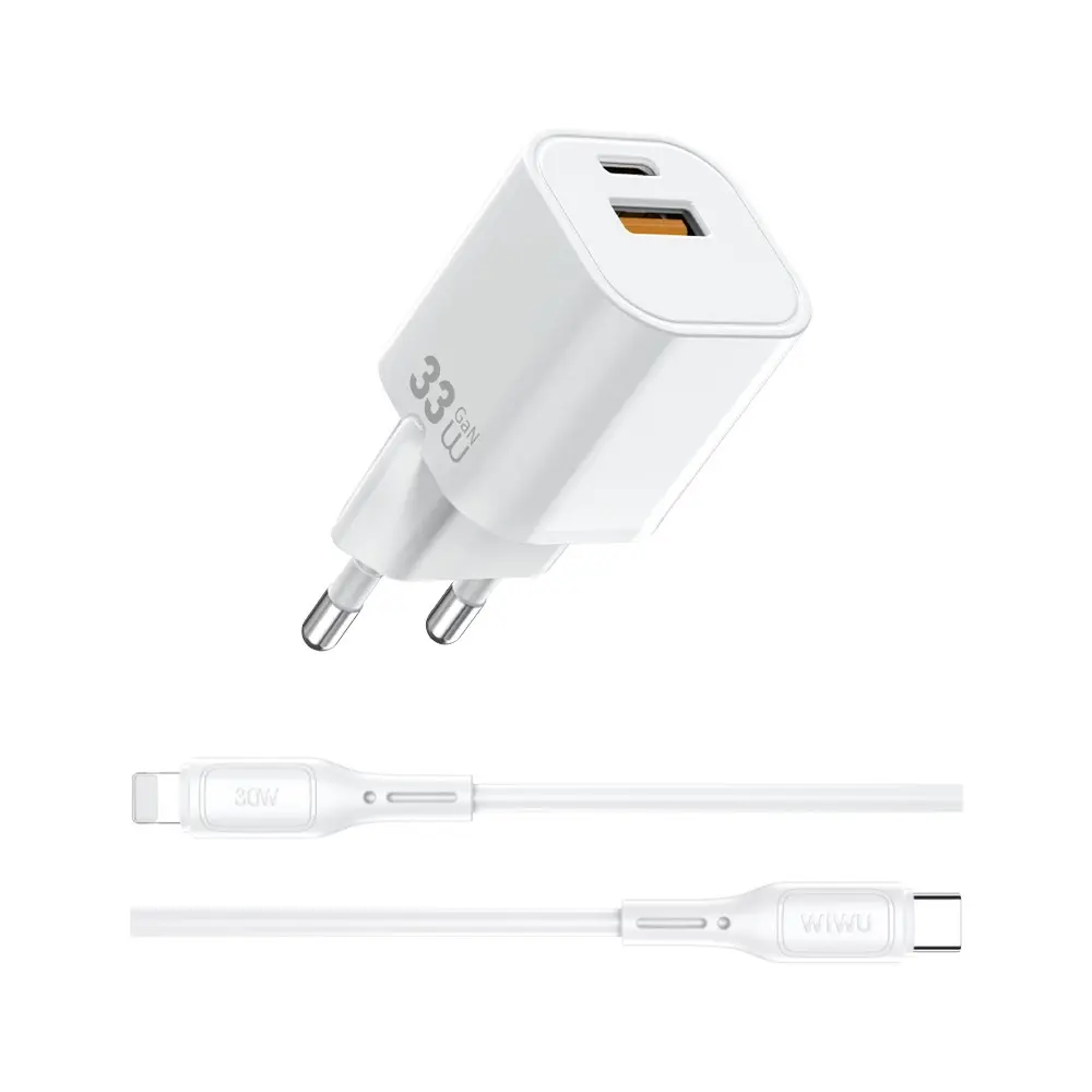 Wiwu Wi-G018 Cube 33W GaN Şarj Adaptörü ve Type-C to Lightning Kablo Seti