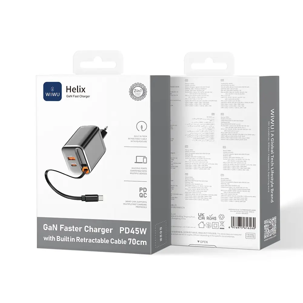 Wiwu Wi-G021 Helix GaN 45W Hızlı Şarj Adaptörü, Geri Çekilebilir Type-C Kablo
