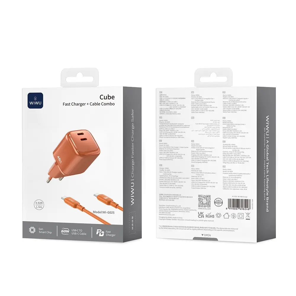 Wiwu Wi-G025 Cube Serisi 45W GaN Type-C Şarj Seti, 1.5 m Kablo Dahil