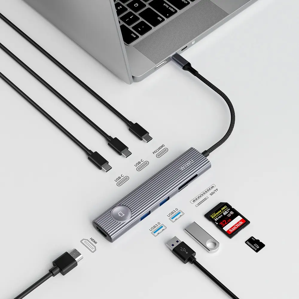 Wiwu Wi-HB8001 Travel 8'i 1 Arada USB-C Hub, 4K 60Hz HDMI ve 100W PD