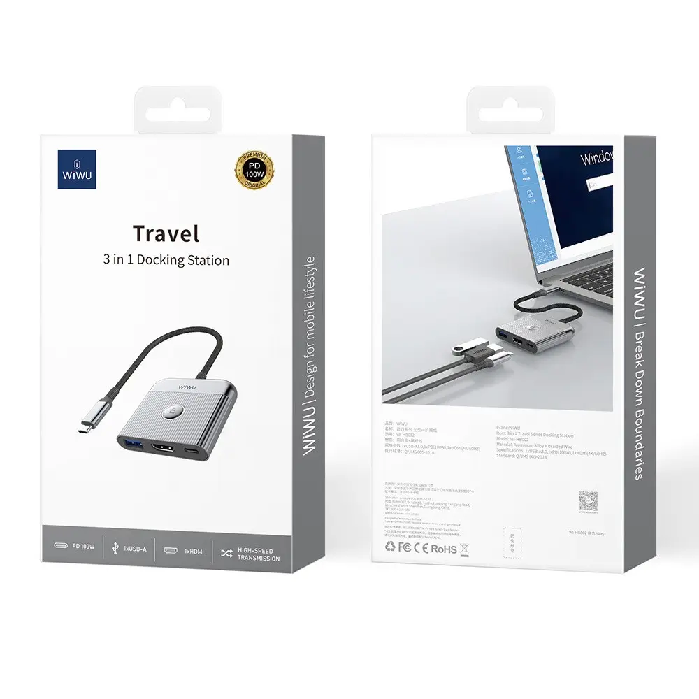 Wiwu Wi-HB8002 3'ü 1 Arada USB-C Hub, 4K@60Hz HDMI ve 100W PD