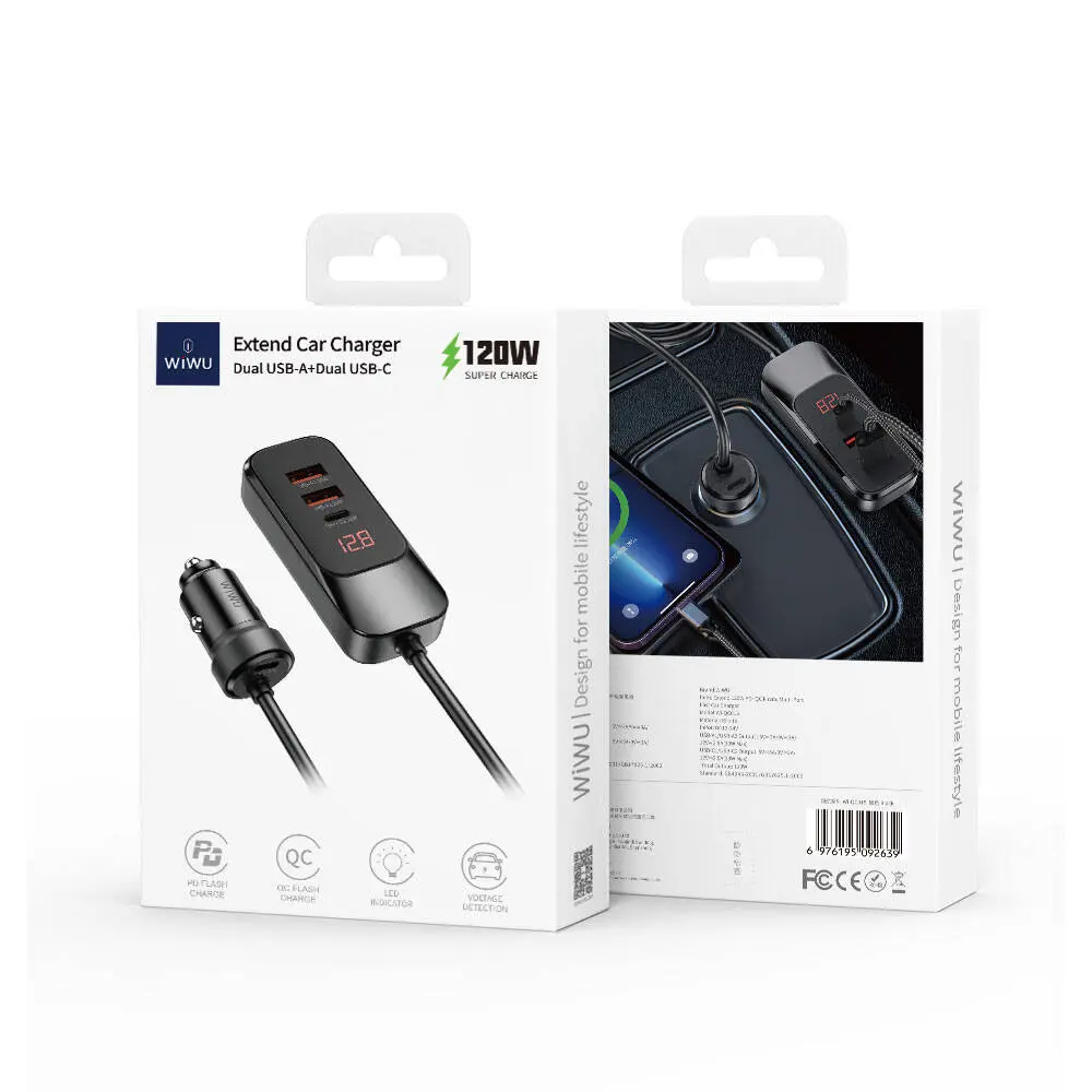Wiwu Wi-QC015 Extend 120W 4 Portlu Araç Şarj Aleti, Çift Type-C ve Çift USB-A