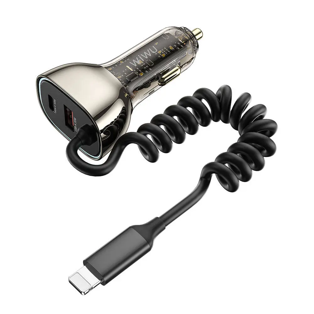 Wiwu Wi-QC019 Geek Serisi 90W Type-C + Lightning Kablolu Araç Şarj Aleti - Siyah