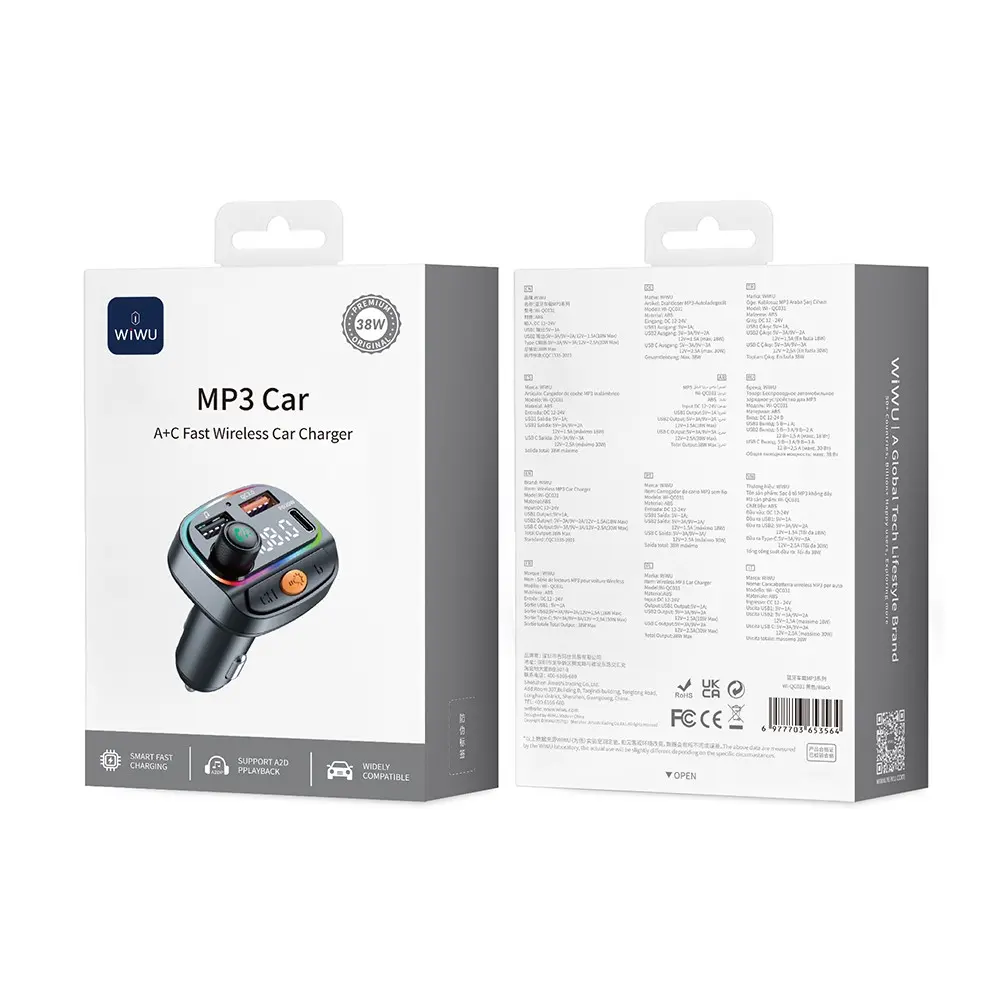 Wiwu Wi-QC031 RGB Bluetooth FM Transmitter, Type-C PD ve USB-A Araç Şarjı