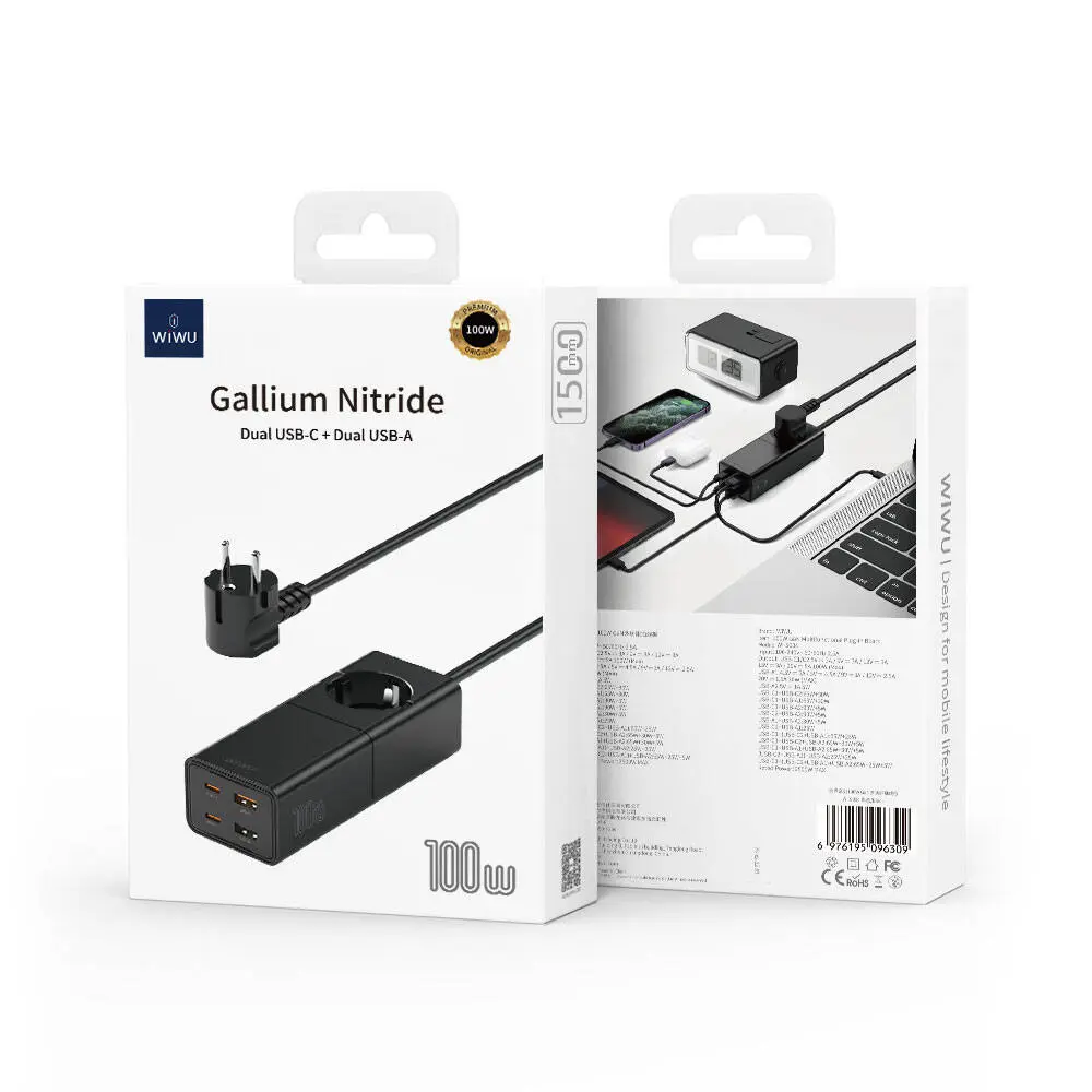 Wiwu Wi-S004 GaN Tech 100W Çift Type-C ve Çift USB-A Girişli Priz, 150 cm