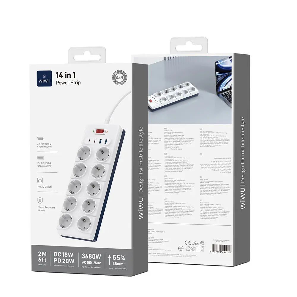 Wiwu Wi-S008 20W GaN 14'ü 1 Arada Çoklu Priz, 8 AC Soket ve 3 USB