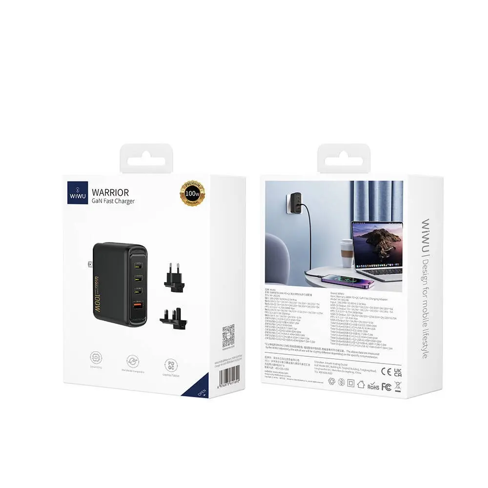 Wiwu Wi-U022W Warrior GaN 100W QC+PD 3 Portlu Hızlı Şarj Adaptörü