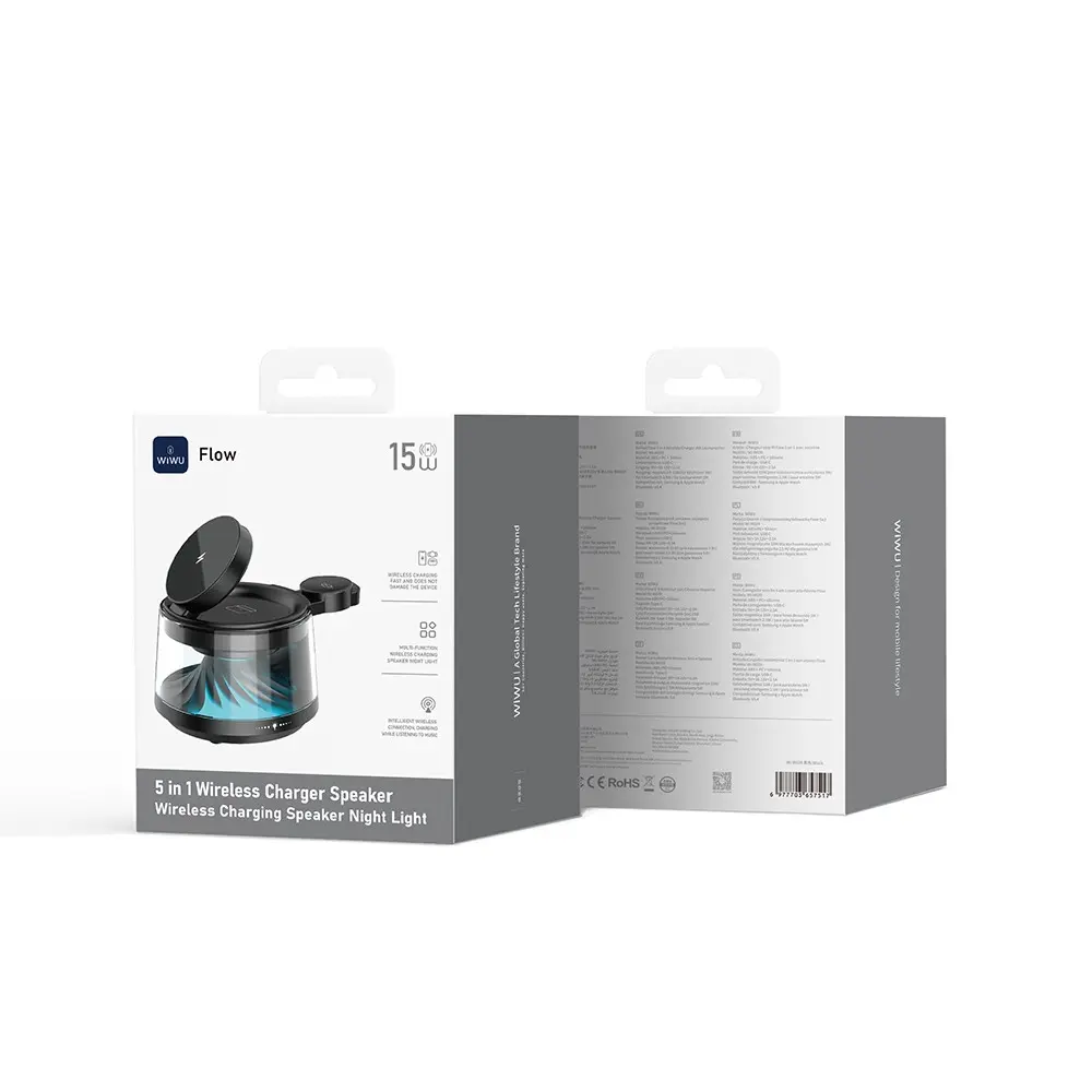 Wiwu Wi-W039 5'i 1 Arada Kablosuz Şarj Standı, Bluetooth Hoparlörlü ve Ambiyans Işıklı 15W