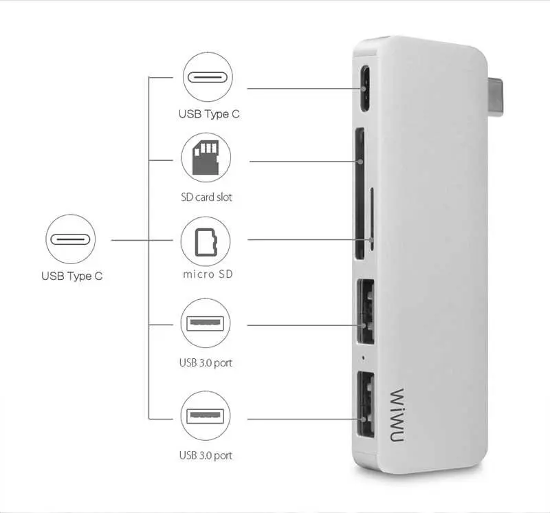 Wiwu T6 Type-C Hub, 2 USB 3.0 ve SD/microSD Kart Okuyuculu