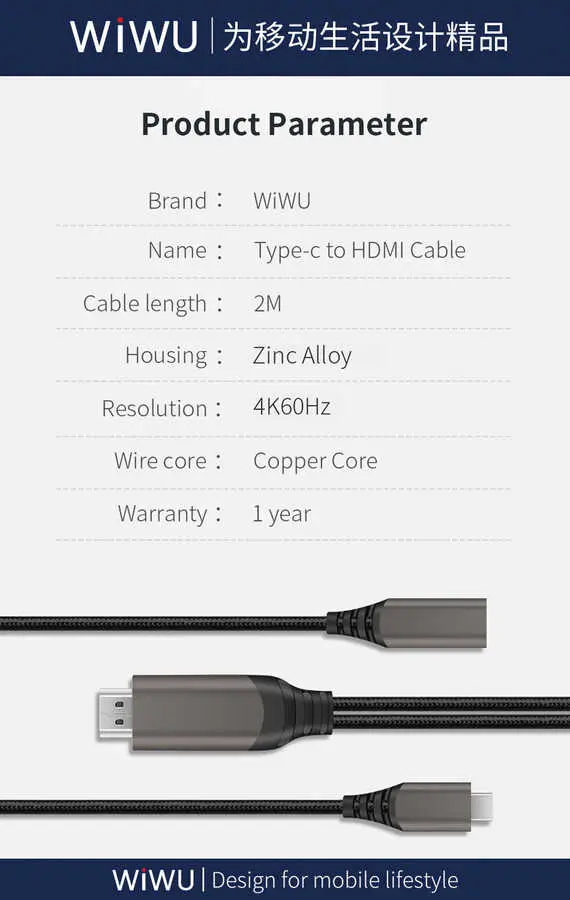 Wiwu X10 Type-C to HDMI Kablo, 4K 60 Hz ve 100W PD Destekli