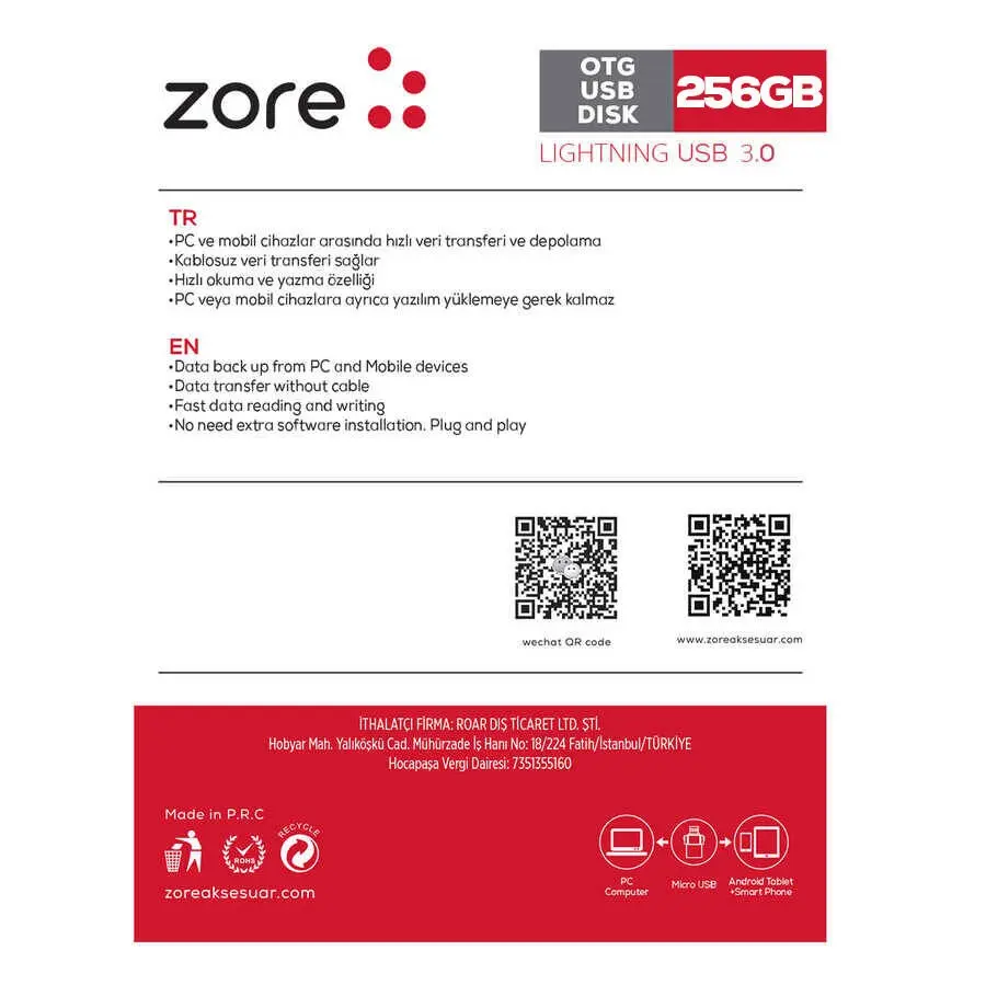 Zore 3.0 Lightning Metal OTG 256 GB USB Bellek