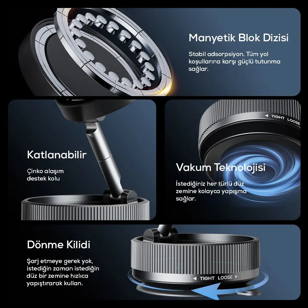 Zore K10A Vakum Özellikli Manyetik Telefon Tutucu, 360° Dönebilen