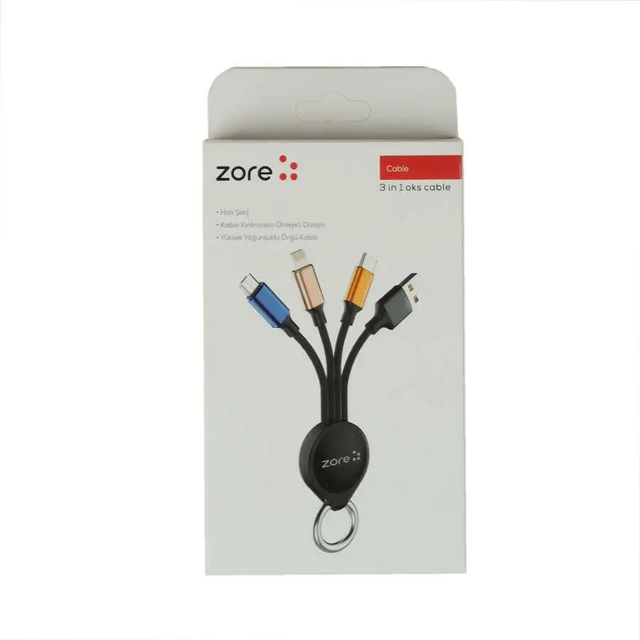 Zore OKS 3'ü 1 Arada USB Şarj Kablosu, Type-C Micro Lightning