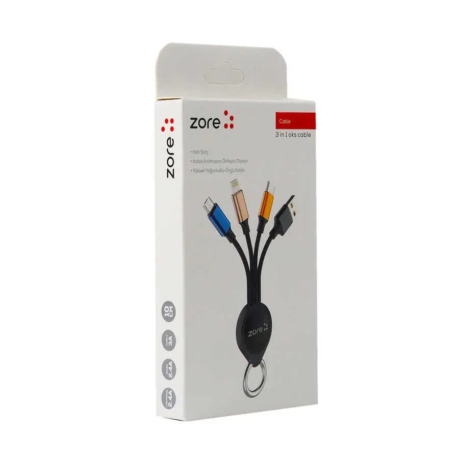 Zore OKS 3'ü 1 Arada USB Şarj Kablosu, Type-C Micro Lightning