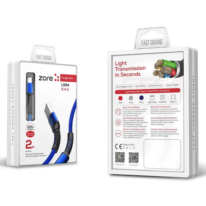Zore LS64 Micro USB Şarj ve Data Kablosu, 2 m, 2.4A