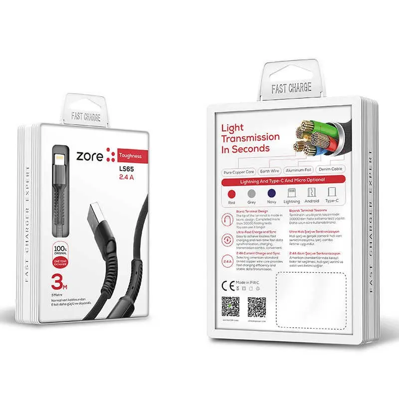 Zore LS65 Lightning USB Şarj ve Data Kablosu, 3 Metre