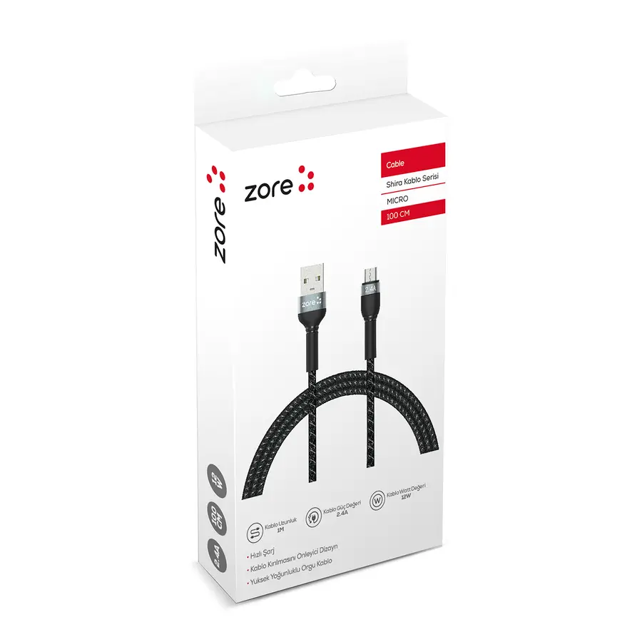 Zore Shira Serisi Micro USB Şarj ve Data Kablosu, 1 m, 12 W