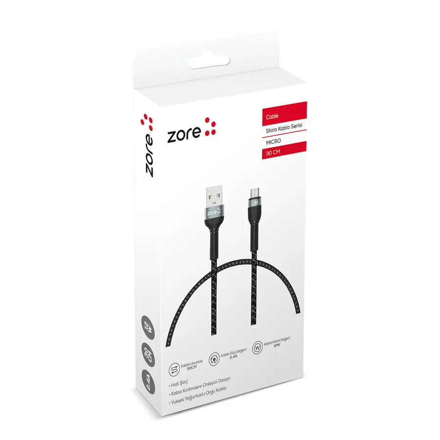 Zore Shira Serisi Micro USB Şarj ve Data Kablosu, 30 cm, 12 W