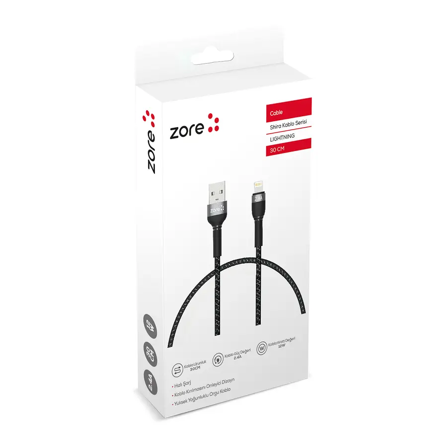 Zore Shira Serisi Lightning USB Kablo 30cm, Hızlı Şarj Destekli