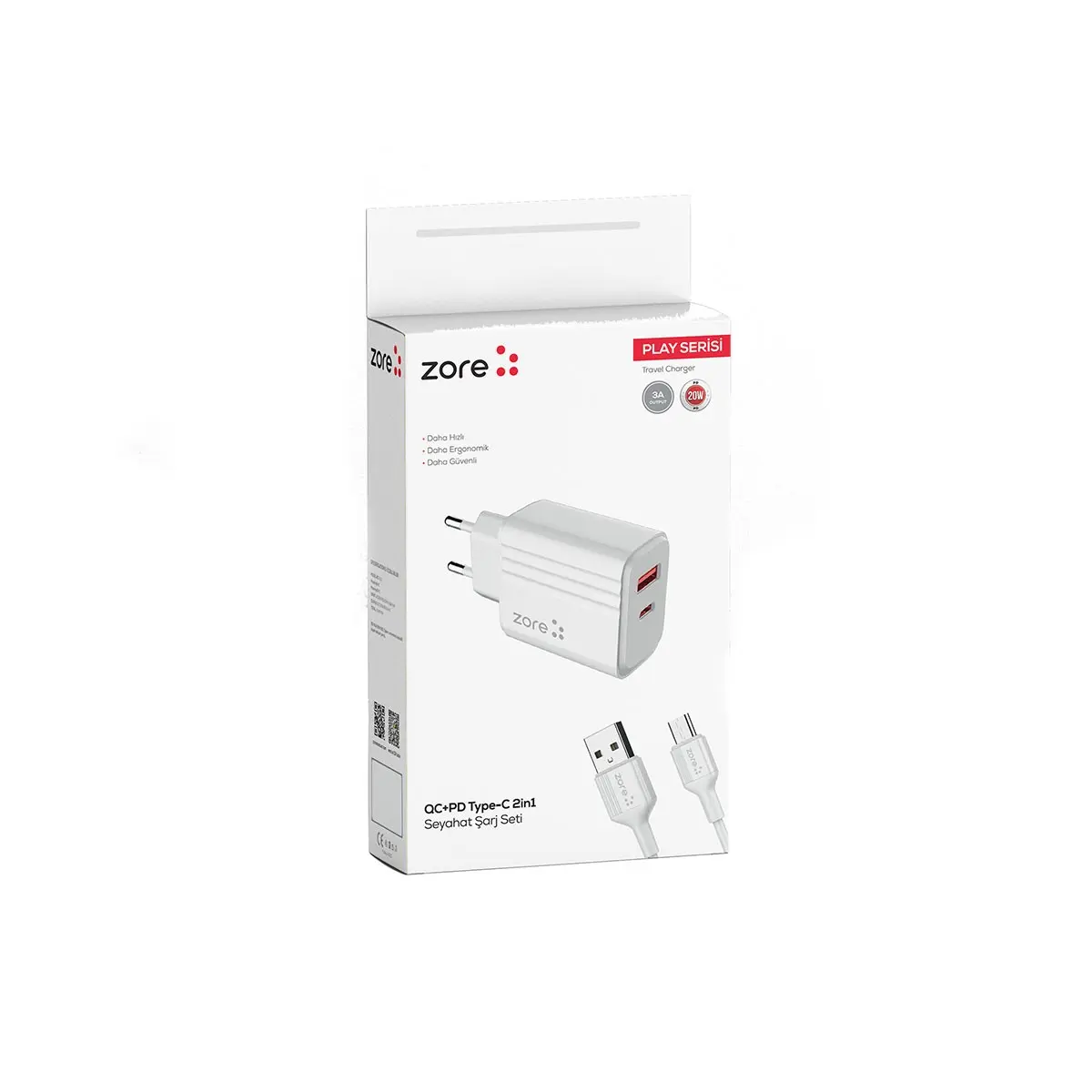 Zore Play Serisi PL06 Type-C 2'si 1 Arada Seyahat Şarj Aleti, 20 W