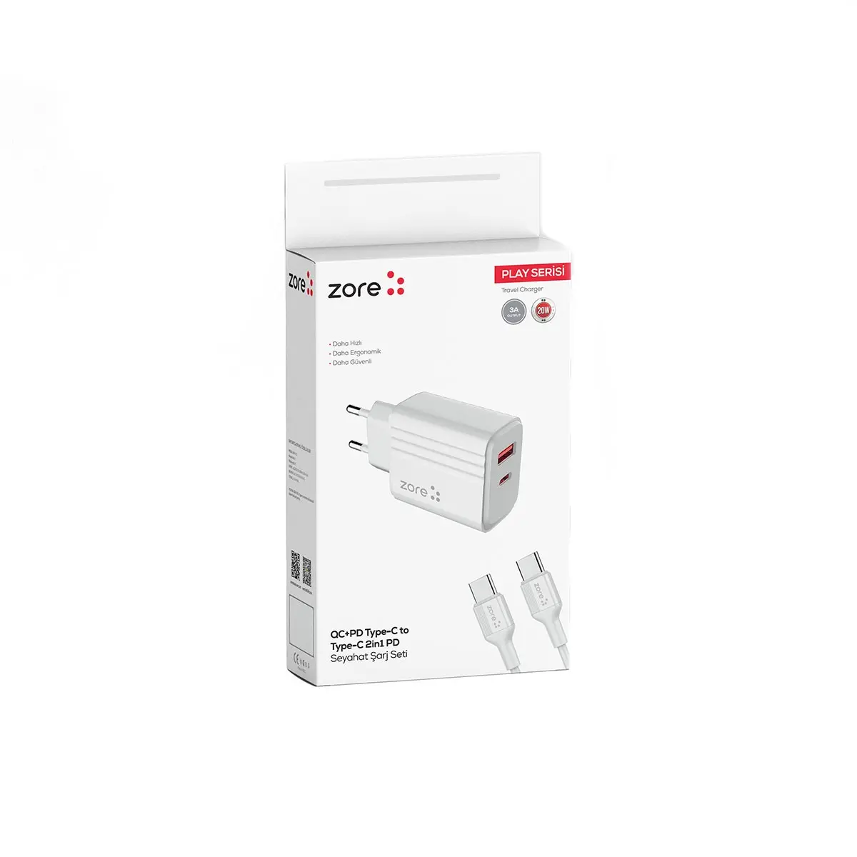Zore Play PL07 Type-C to Type-C 2'si 1 Arada 20W PD Seyahat Şarj Aleti