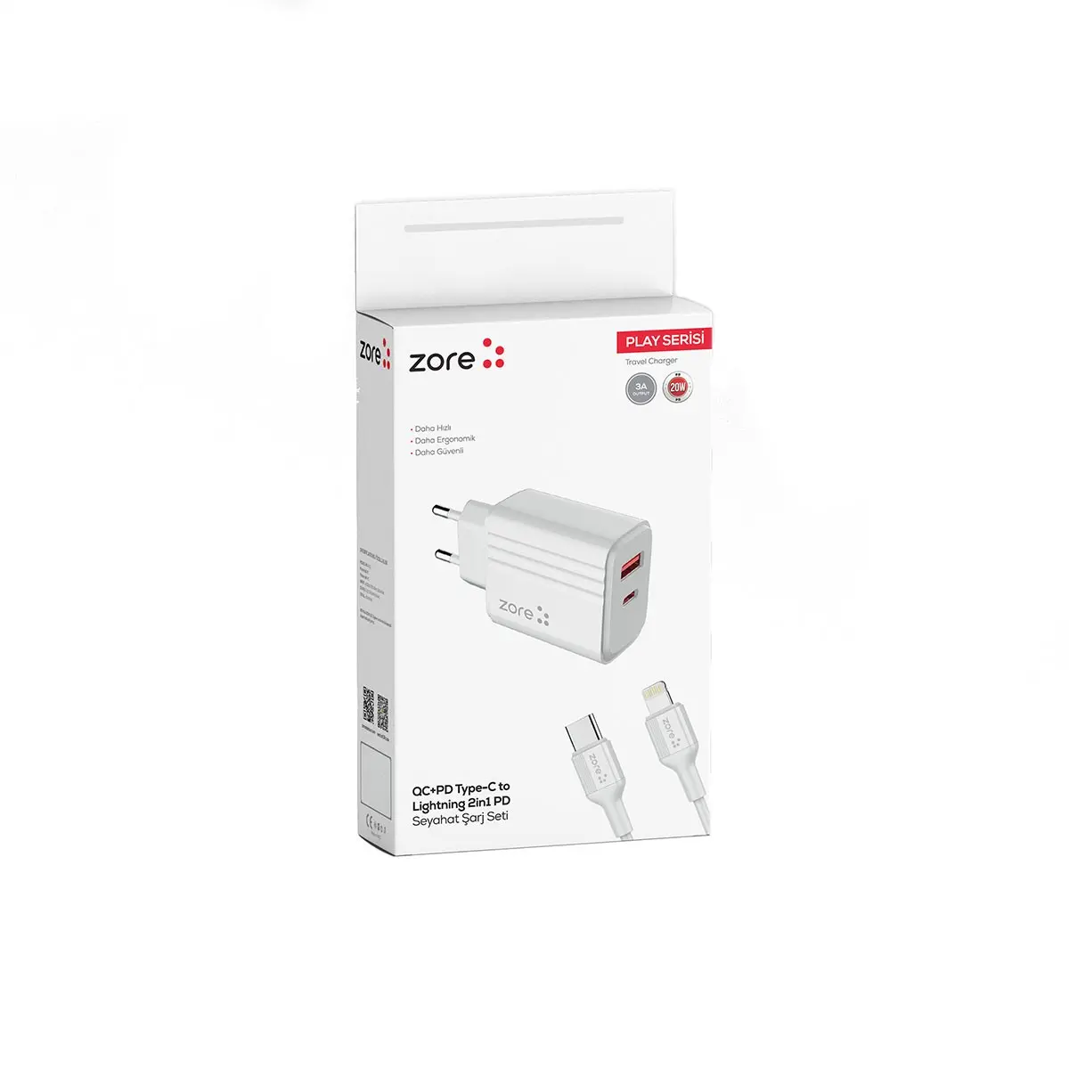 Zore Play Serisi PL08 Type-C to Lightning 2'si 1 Arada 20W PD Seyahat Şarj Aleti