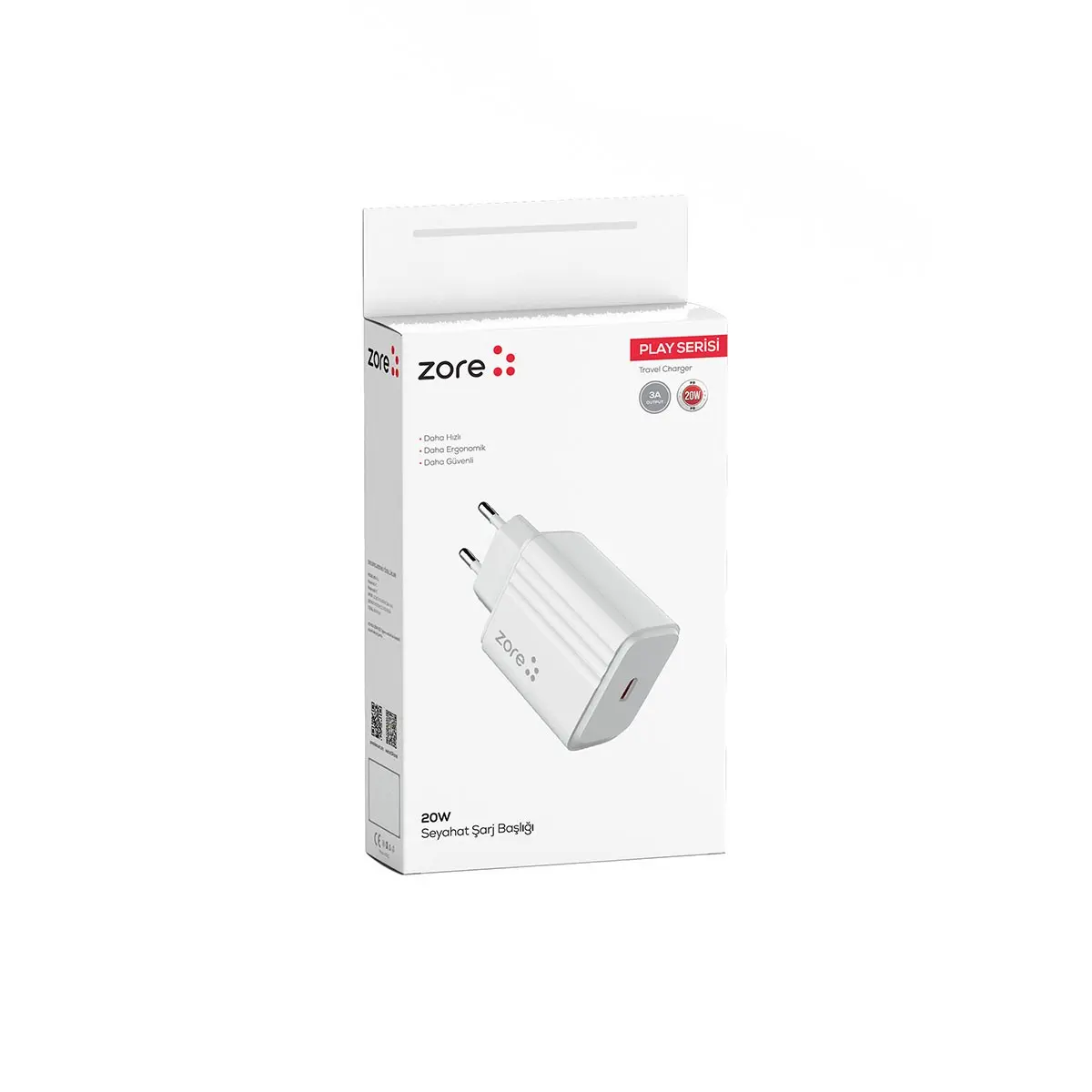 Zore Play Serisi PL2 20W PD USB-C Şarj Adaptörü, Seyahat Tipi