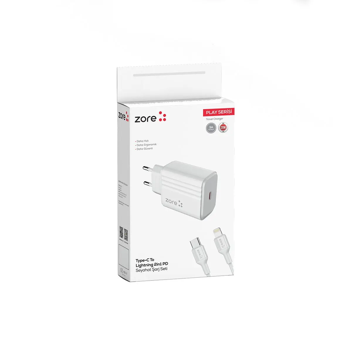 Zore Play Serisi PL2 Type-C to Lightning 2'si 1 Arada 20W PD Seyahat Şarj Aleti
