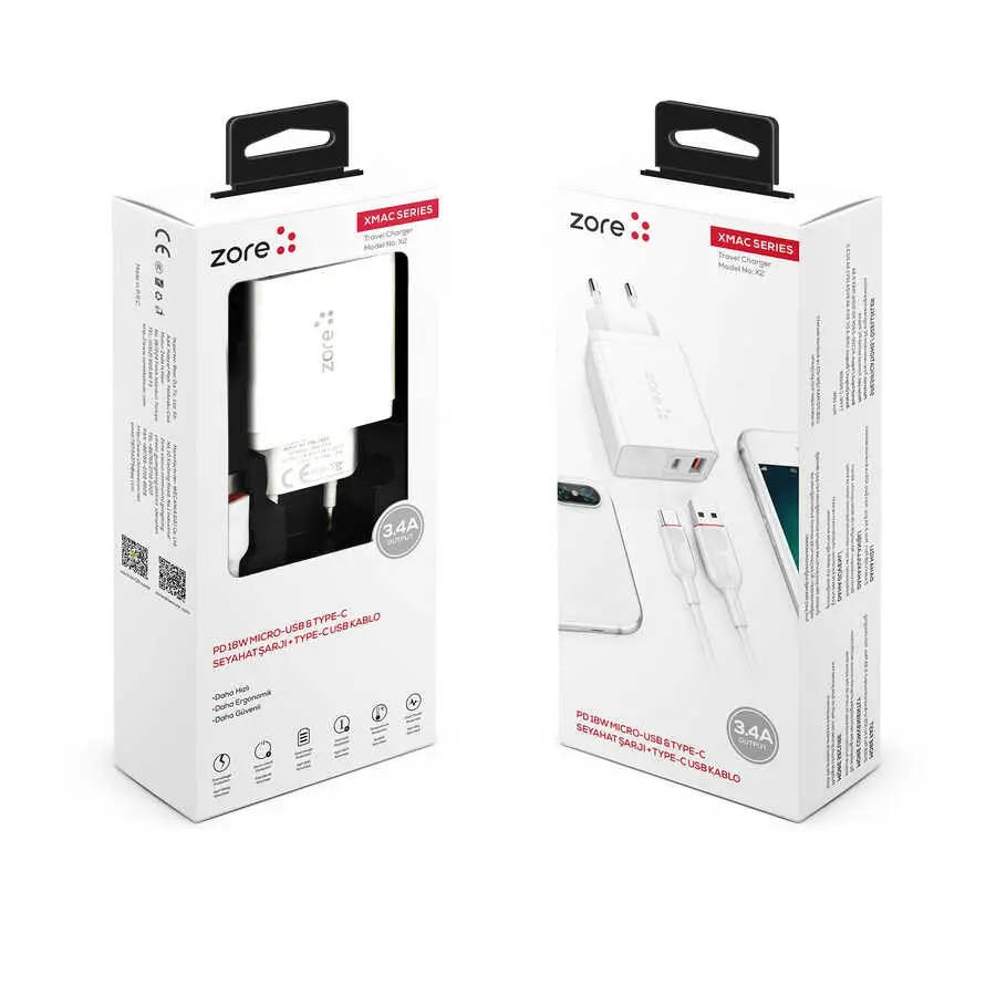 Zore XMac ZR-X2 Type-C 2 in 1 Şarj Seti, USB-A ve PD Çıkışlı