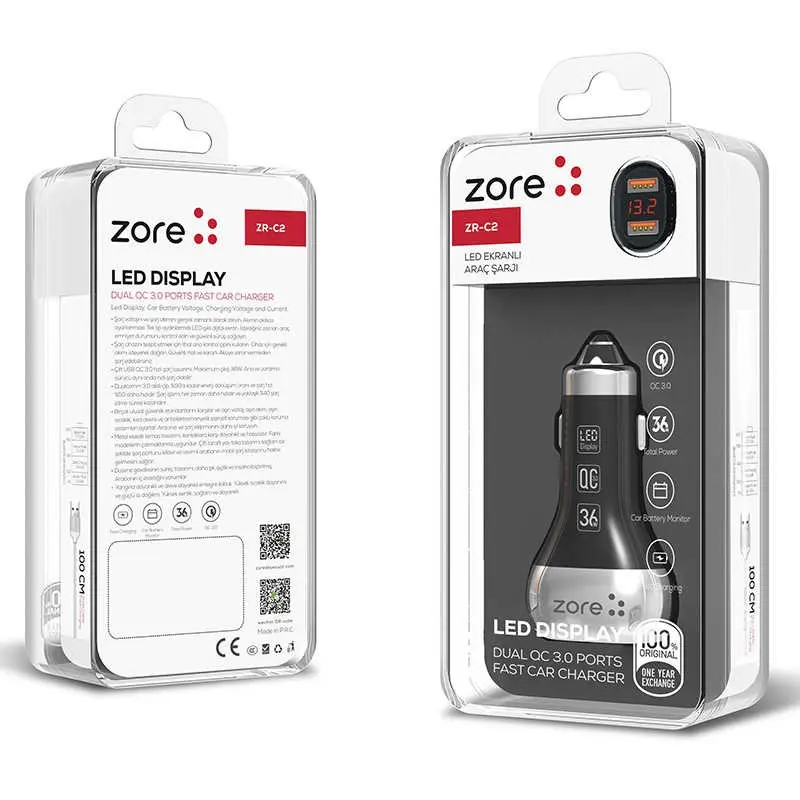 Zore ZR-C2 2 USB Girişli 36W QC 3.0 Araç Şarj Cihazı
