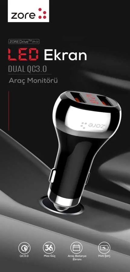 Zore ZR-C2 Type-C 2'si 1 Arada Araç Şarj Seti, 36 W QC 3.0